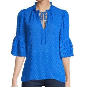 ALICE & OLIVIA Top Ruffled Flutter Short Sleeve Swiss Dot Tie Peasant Blouse